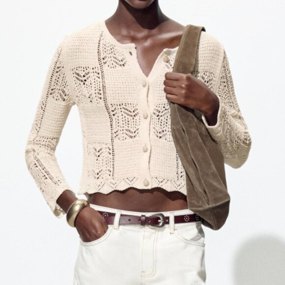 ZARA Pointelle Knit Cardigan in Ecru, M NWT - Picture 2 of 9